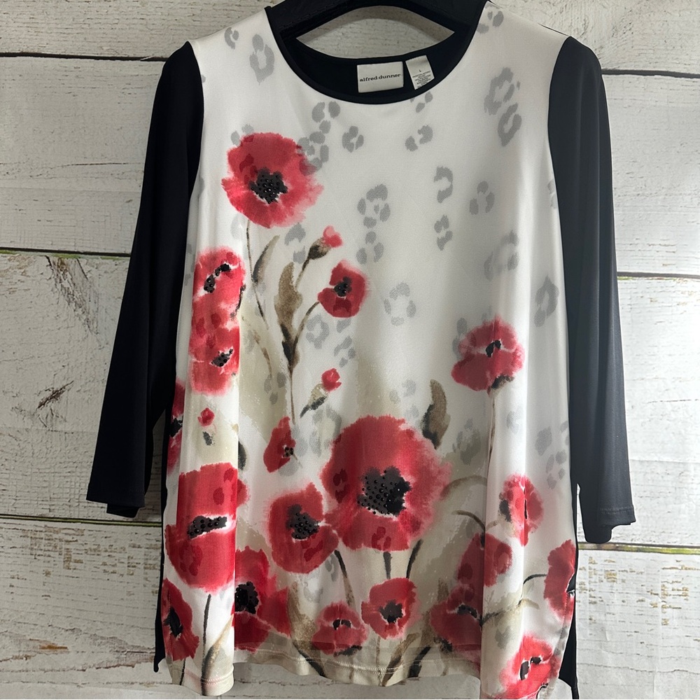 ALFRED DUNNER Poppies & Cheetah Print, Beaded 3/4 Sleeve Top, Size Large